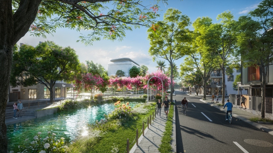 Không gian sống mới của danh ca Ngọc Sơn có cảnh quan thiện nhiên hài hòa, với 7 dòng kênh xanh mát len lỏi trong các phân khu của dự án.