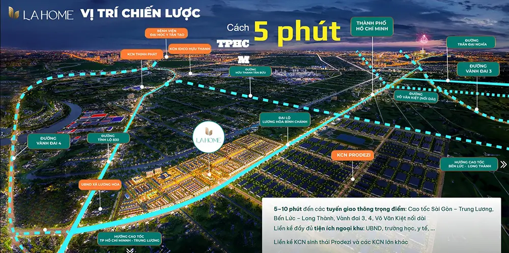 Dự án LA Home sở hữu vị trí chiến lược tại Bến Lức khi chỉ mất 5 - 10 phút để di chuyển đến các tuyến giao thông trọng điểm.